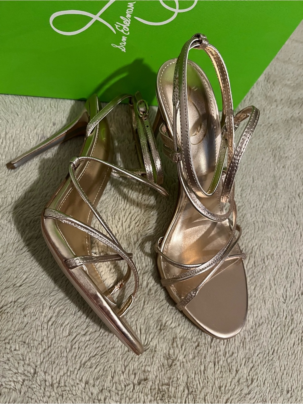 Sam Edelman Sareena Champagne Lea Metallic Rose Gold Strappy Heels - Picture 2 of 8